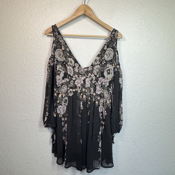 Free People Dress S Penny Lover Mini Sheere Chiffon Black Floral Boho Romantic - Picture 1 of 8